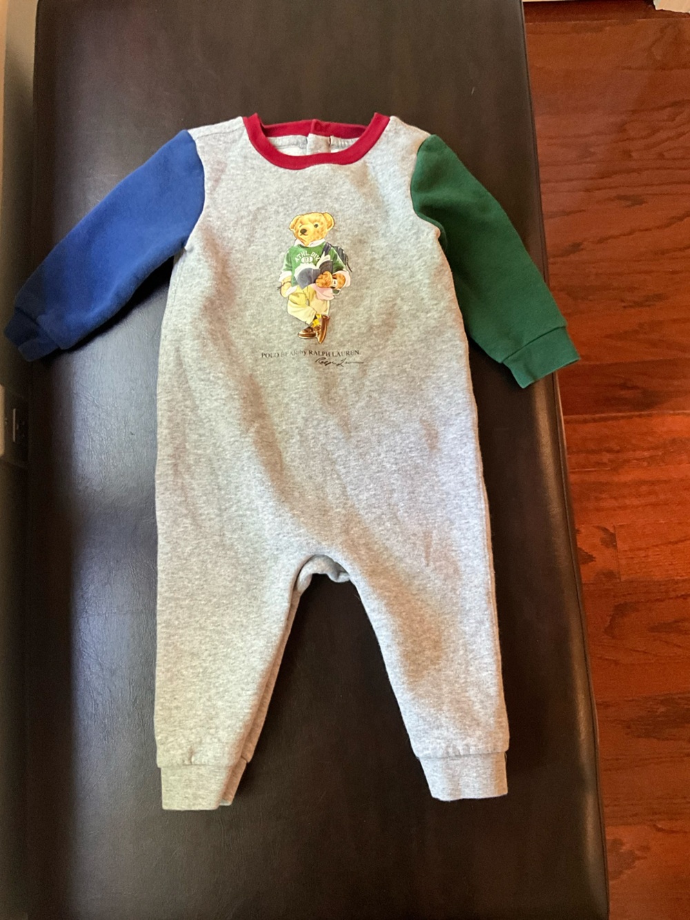 Ralph Lauren Bear Onesie Baby - Gray with Green & Navy Sleeves Size  9 months